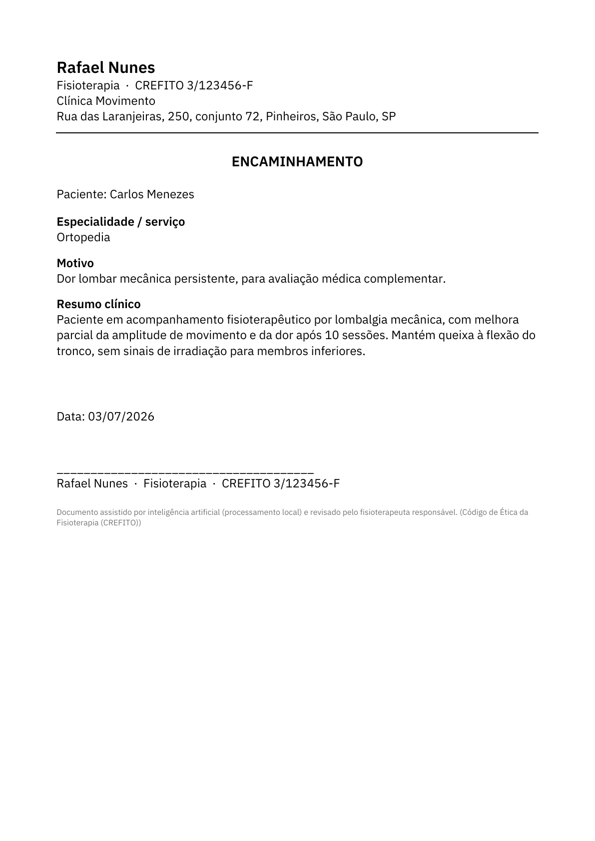 Encaminhamento em PDF com especialidade, motivo e resumo clínico.