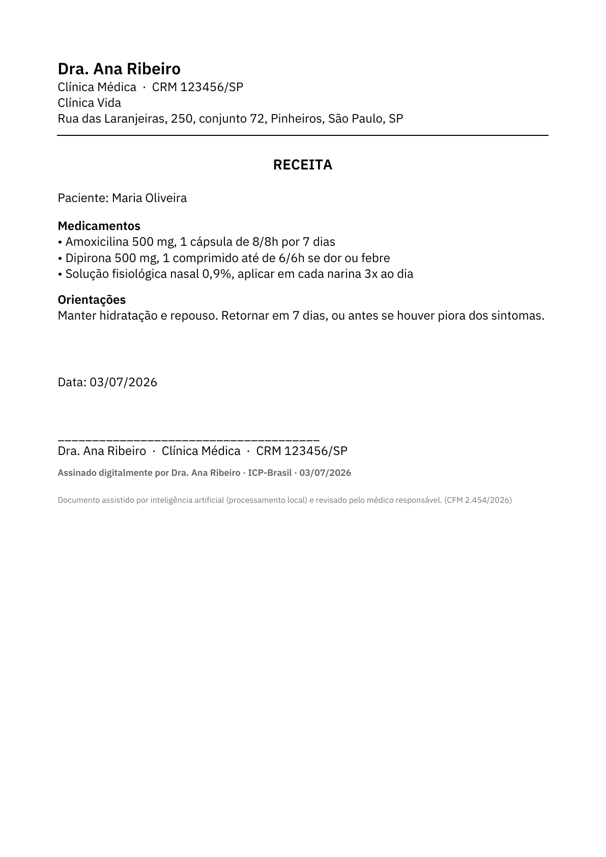 Receita em PDF com posologia, pronta para imprimir e assinar.