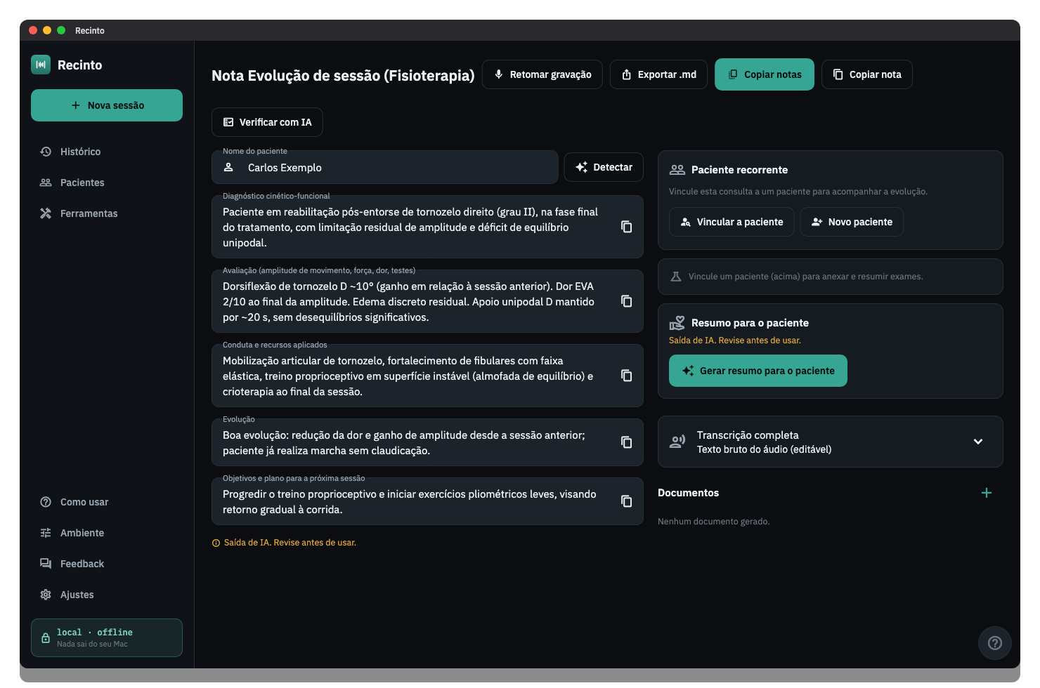 Evolução de sessão de fisioterapia.