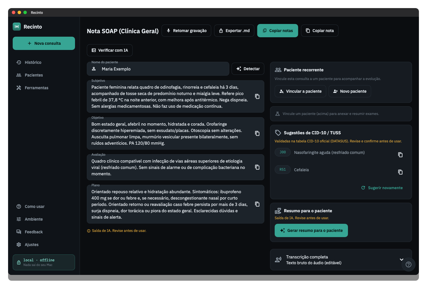 Nota clínica estruturada gerada automaticamente.